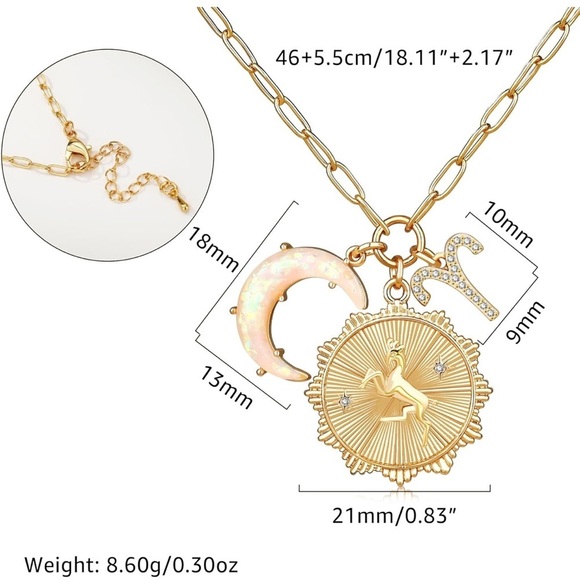 Aries zodiac necklace in gold with opal crescent moon charm adjustable 1… - Picture 3 of 4
